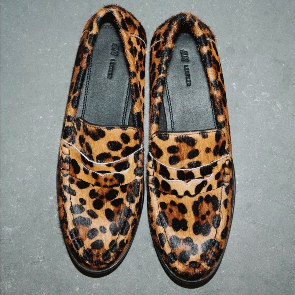 H&M Premium Selection Leather Loafers In Beige/leopard Print Size 11 NWT